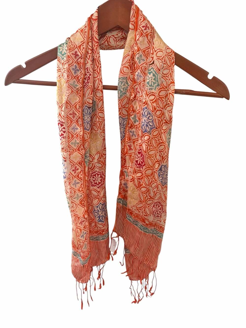 Batik Silk Scarf with Geometric Floral Motifs in Orange